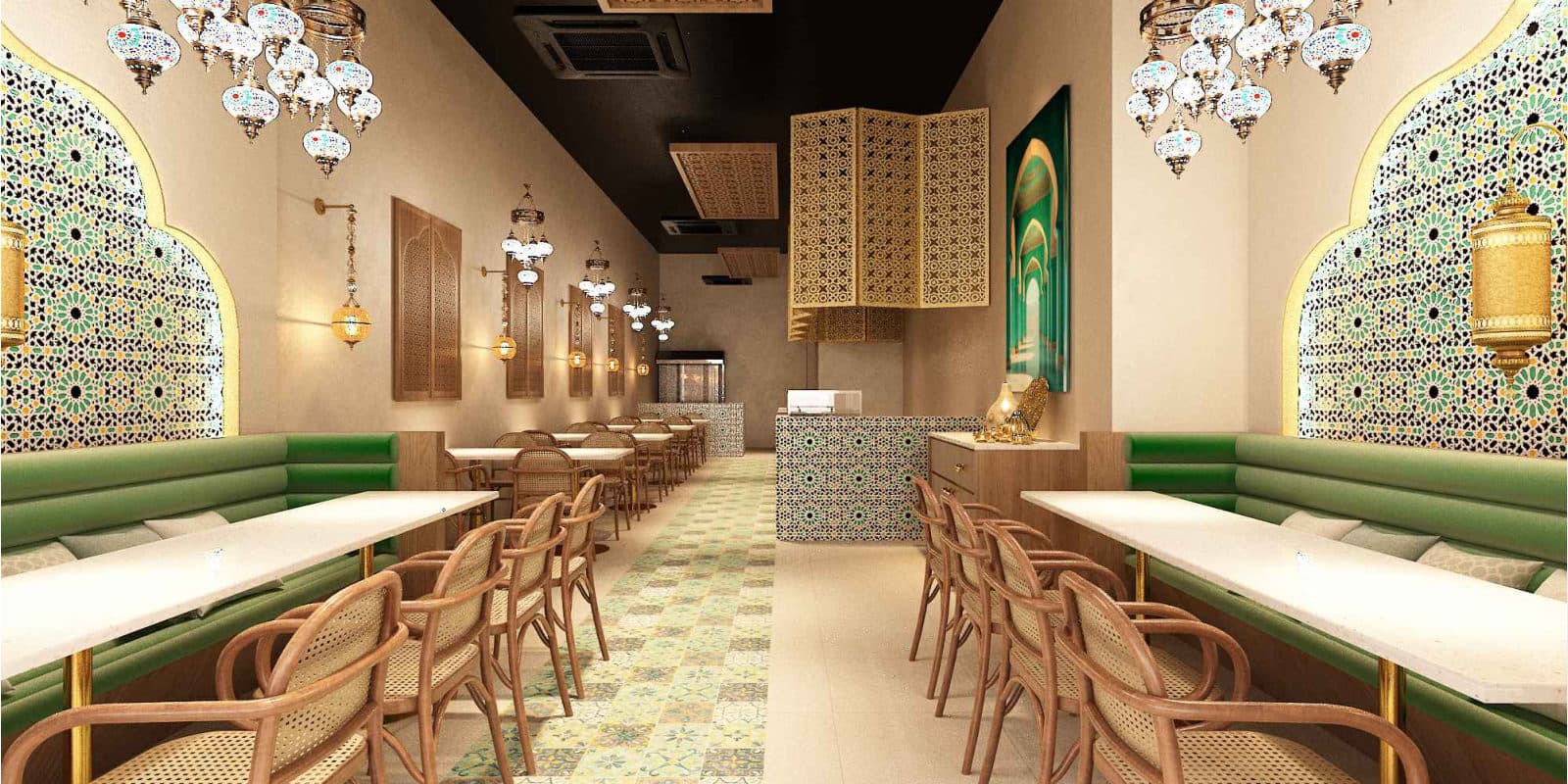Main dining hall with tiled arches, green banquettes and hanging lanterns