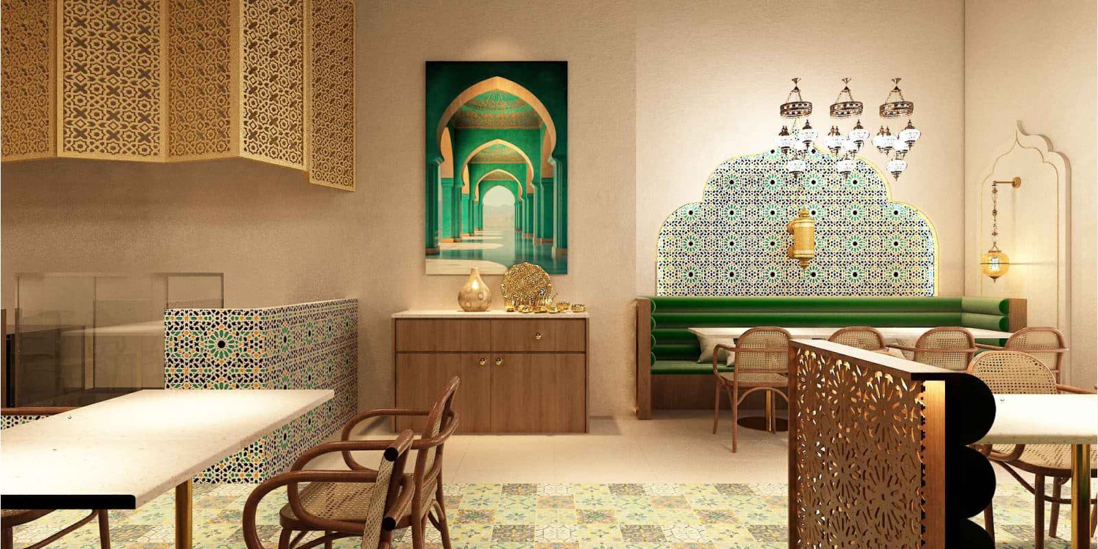 Feature wall with Moorish mosaic tiling, brass lanterns and banquette seating