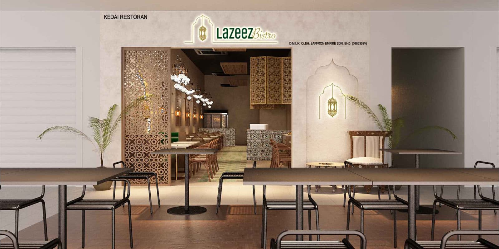 Lazeez Bistro shopfront with illuminated signage and carved screen