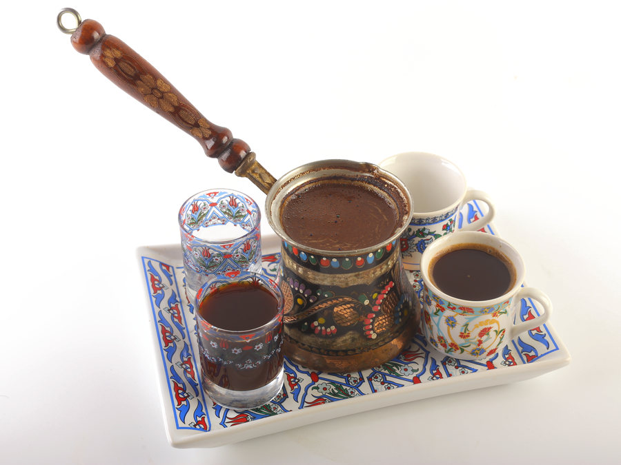 Turkish coffee served in a copper pot